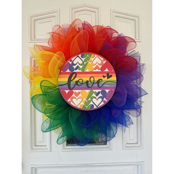 Love Heart Rainbow LGBTQ Pride Month Mesh Ribbon Wreath Wall & Front Door Hanger